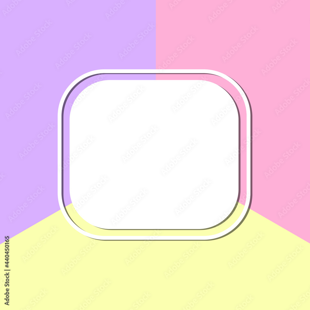 Cool banner with copy space on pastel colored background. Trendy vector geometric backdrop. White rectangle with frame on violet, pink and yellow elements. Template for sale, discount, promo Cool banner with copy space on pastel colored background. Trendy vector geometric backdrop. White rectangle with frame on violet, pink and yellow elements. Template for sale, discount, promo