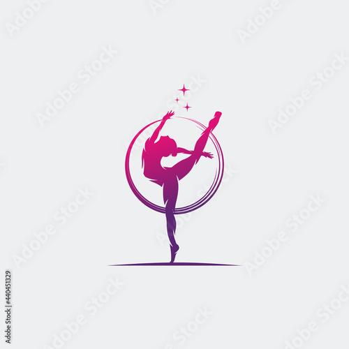Young gymnast woman dance with ribbon logo