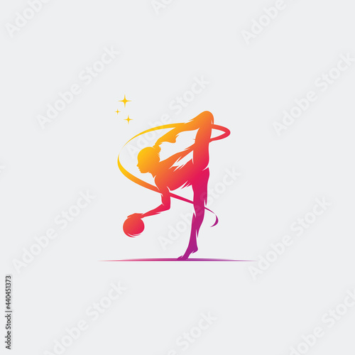 Young gymnast woman dance with ribbon logo
