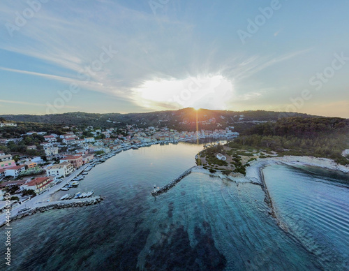 Ariel drone shot of Gaios bay, Paxoi, Corfu, Greece 