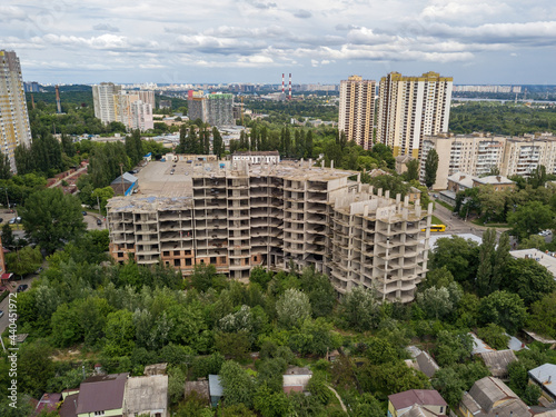 Abandoned house construction in Kiev. Aerial drone view.