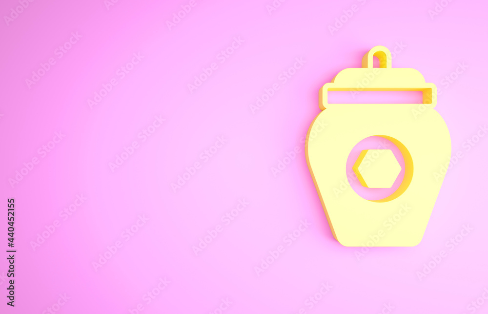 Obraz premium Yellow Jar of honey icon isolated on pink background. Food bank. Sweet natural food symbol. Minimalism concept. 3d illustration 3D render