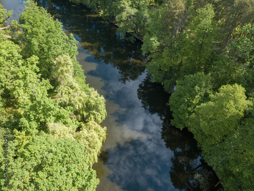 Stream among green trees in spring. Aerial drone view. © Sergey