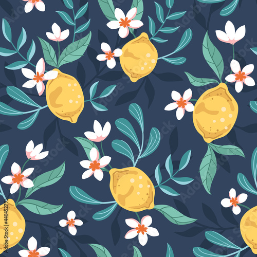 Lemon citrus blossom, little white flowers and blue-green leaves on a dark blue background. Seamless repeated surface vector pattern design.