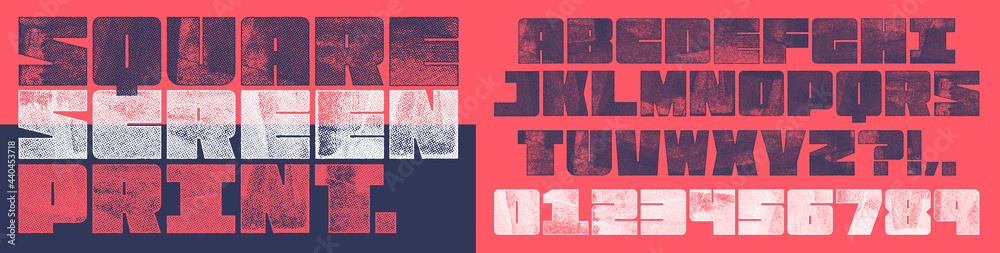 Screen Print Square Font. Works well at small sizes. Detailed individually textured characters with an eroded halftone, screen print texture. Unique design font - obrazy, fototapety, plakaty 
