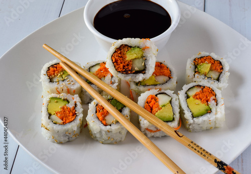 garden roll sushi  with soy sauce photo