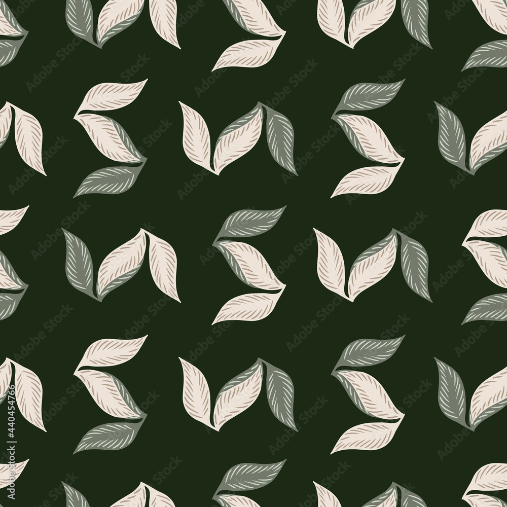 Decorative seamless pattern with botanic leaf silhouettes. Dark green background. Natural print.