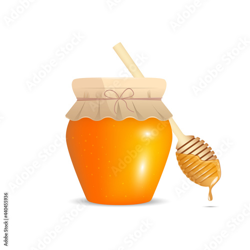 Jar of honey and honey spoon with drop. Vector illustration