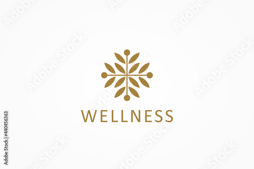 Floral Wellness Logo. Gold Leaves and Cross Sign Combination isolated on White Background. Usable for Nature, Cosmetics, Healthcare and Beauty Logos. Flat Vector Logo Design Template Element.