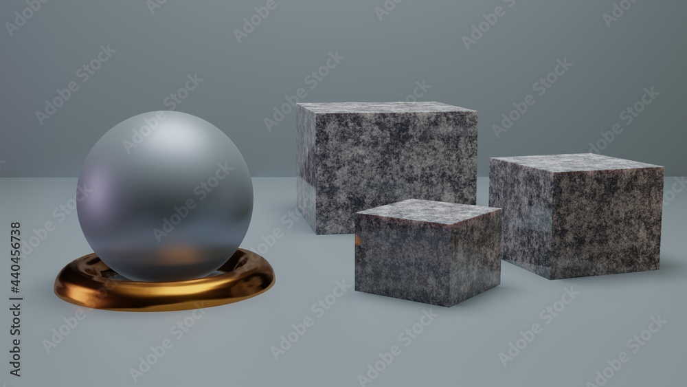 3d render of marble cube pedestal isolated on grey background, gold torus, and cphere Abstract minimal mockup. 3d render of marble cube pedestal isolated on grey background, gold torus, and cphere Abstract minimal mockup.