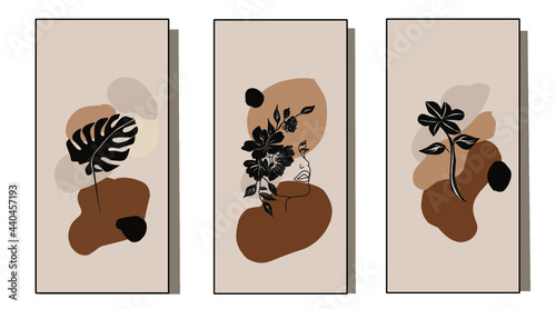 wall decoration set minimalist nature and woman's face.illustration vector eps.