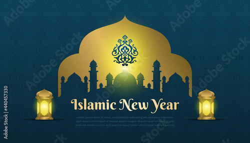 Islamic new year happy muharram blue background elegant style with golden ornament