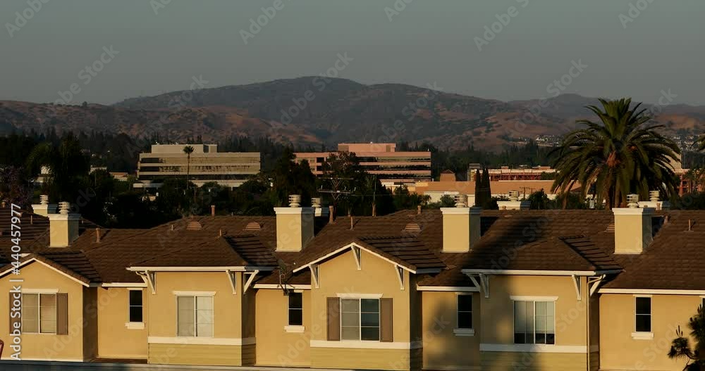 Twilight view of the downtown skyline of Brea, California, USA. Twilight view of the downtown skyline of Brea, California, USA.