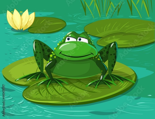 Image of a frog sitting in a lake among water lilies in cartoon style. Green character sitting on a leaf.