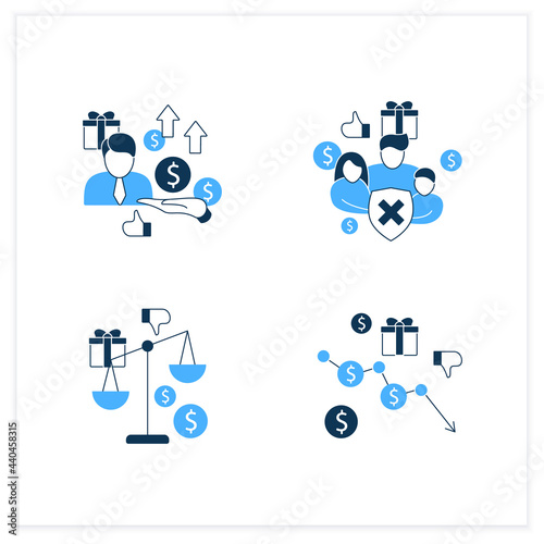 Universal basic income flat icons set. Inequality, runaway inflation, social security, new investors. Global economy concept. Vector illustrations