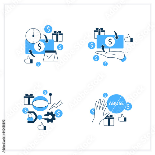 Universal basic income flat icons set. Technological unemployment, ending abuse, cash payment, periodic payment. Global economy concept. Vector illustrations
