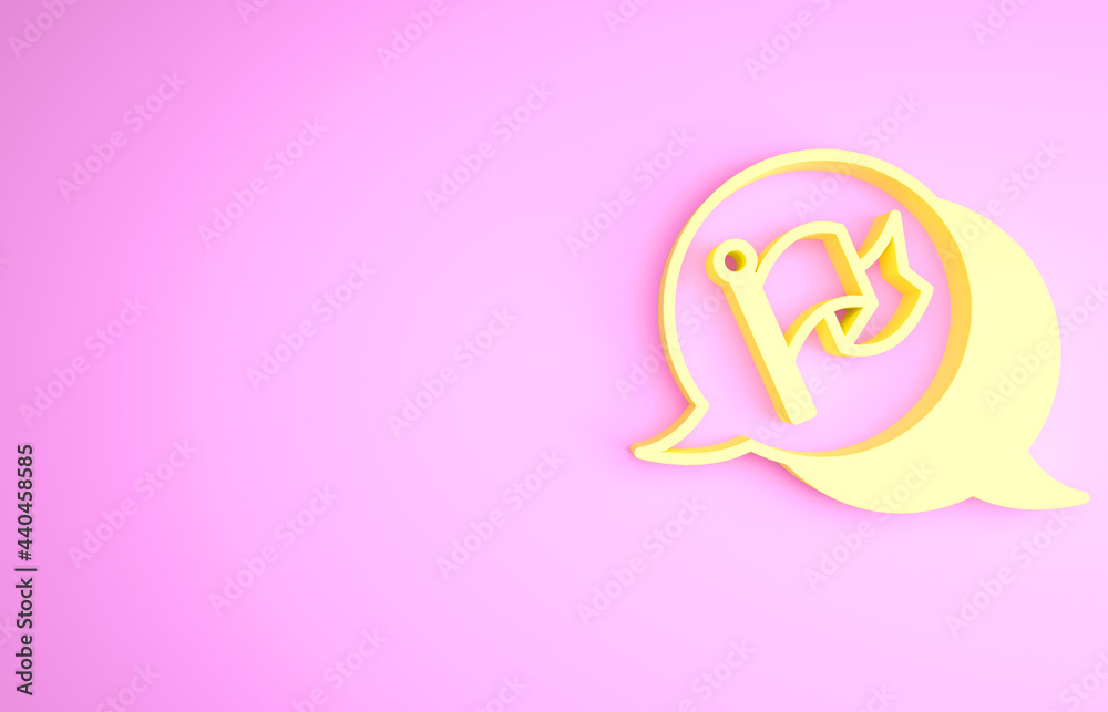 Yellow Flag icon isolated on pink background. Victory, winning and conquer adversity concept. Minimalism concept. 3d illustration 3D render Yellow Flag icon isolated on pink background. Victory, winning and conquer adversity concept. Minimalism concept. 3d illustration 3D render