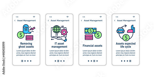 Asset management onboarding mobile app screens.Removing ghost assets. IT management, life cycle.Control steps menu. Set of UI, UX, web template with RGB color linear icons