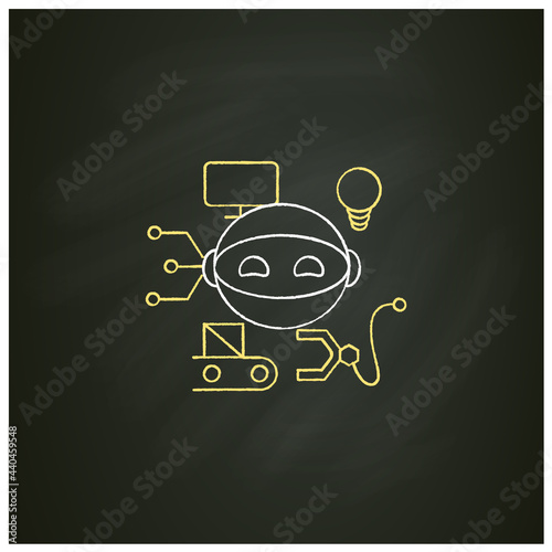 Robot chalk icon. Smart production robot. Robotizing. Modern technologies. Future. Available Services.Digital transformation concept. Isolated vector illustration on chalkboard photo