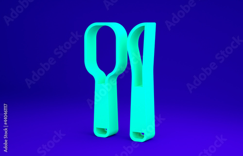 Green Knife and spoon icon isolated on blue background. Cooking utensil. Cutlery sign. Minimalism concept. 3d illustration 3D render