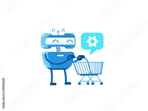 Robot with a grocery trolley. Delivery of spare parts. Upgrade. Cartoon flat vector illustration.
