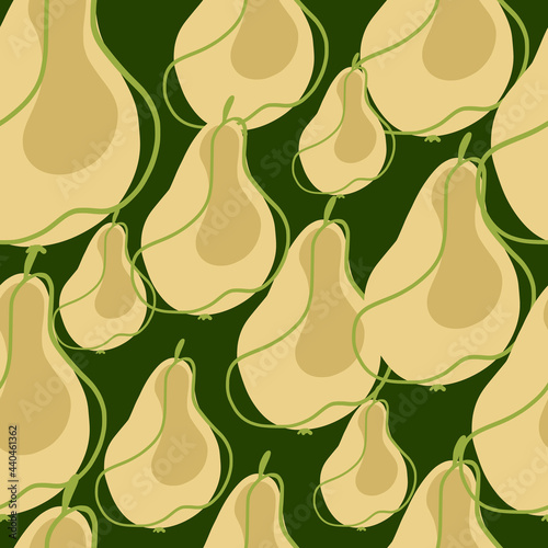 Random beige fruit organic pears silhouettes seamless pattern. Green background. Seasonal abstract style ornament.