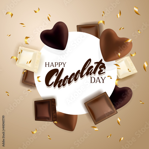 Chocolate pieces and chocolate hearts. Chocolate title. Golden confetti. Happy world chocolate day.  7 july