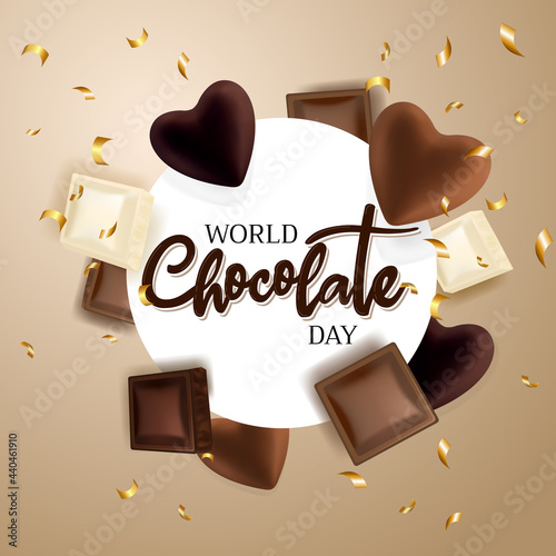 Chocolate pieces and chocolate hearts. Chocolate title. Golden confetti. Happy world chocolate day.  7 july