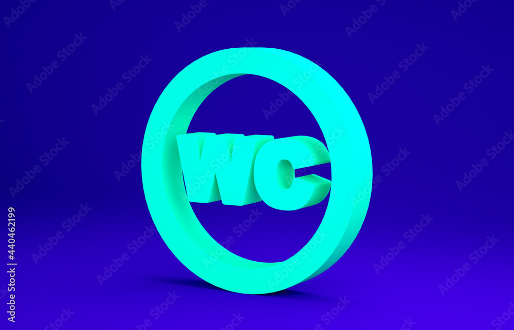 Obraz premium Green Toilet icon isolated on blue background. WC sign. Washroom. Minimalism concept. 3d illustration 3D render