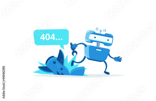 Missile crashed Page not found error 404. Robot ran mascot character. Support service-center repair. Vector illustration. Running for help.