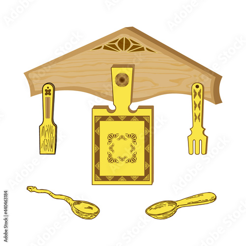 Kitchen set icon for cooking. Vector images of objects with wood carvings. Ancient symbols of culture. Spoon scapula cutting board.