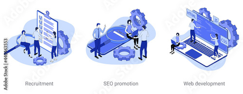 Recruitment, SEO promotion, Web development.A set of vector illustrations on a business theme.Isometric abstract illustrations in blue.