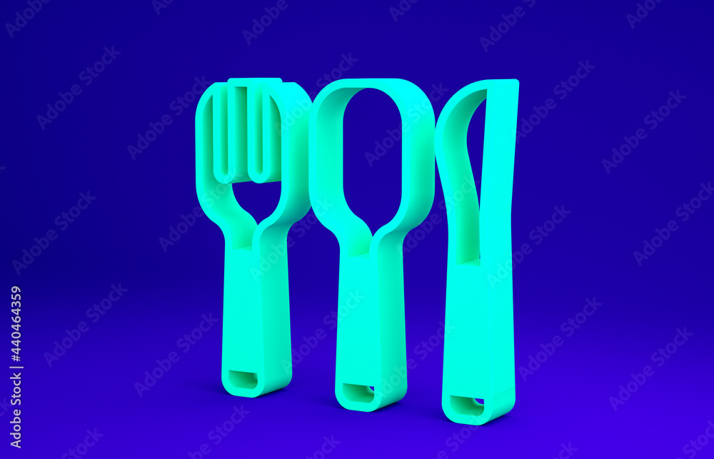 Green Fork, spoon and knife icon isolated on blue background. Cooking utensil. Cutlery sign. Minimalism concept. 3d illustration 3D render Green Fork, spoon and knife icon isolated on blue background. Cooking utensil. Cutlery sign. Minimalism concept. 3d illustration 3D render