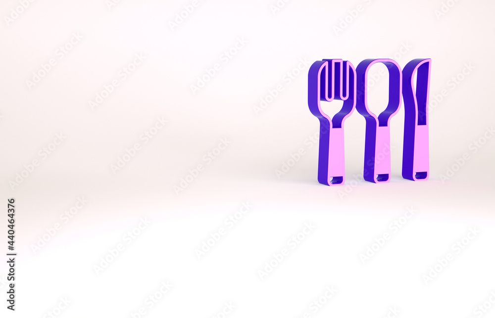 Purple Fork, spoon and knife icon isolated on white background. Cooking utensil. Cutlery sign. Minimalism concept. 3d illustration 3D render Purple Fork, spoon and knife icon isolated on white background. Cooking utensil. Cutlery sign. Minimalism concept. 3d illustration 3D render