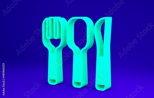 Green Fork  spoon and knife icon isolated on blue background. Cooking utensil. Cutlery sign. Minimalism concept. 3d illustration 3D render
