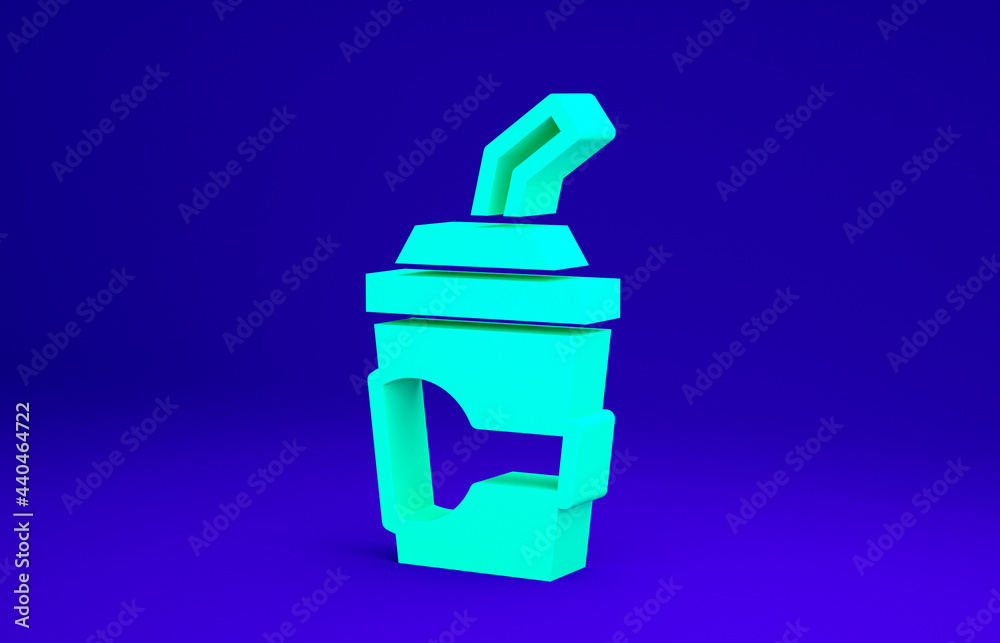 Green Paper glass with drinking straw and water icon isolated on blue background. Soda drink glass. Fresh cold beverage symbol. Minimalism concept. 3d illustration 3D render Green Paper glass with drinking straw and water icon isolated on blue background. Soda drink glass. Fresh cold beverage symbol. Minimalism concept. 3d illustration 3D render