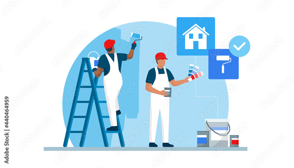 Professional painters painting walls in a residential room Professional painters painting walls in a residential room