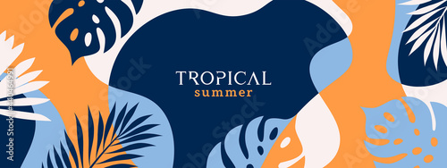 Summer background with tropical leaves and plants in orange yellow and deep blue colors. Modern minimalist style. Design template for sale, horizontal poster, header, cover, social media, fashion ads