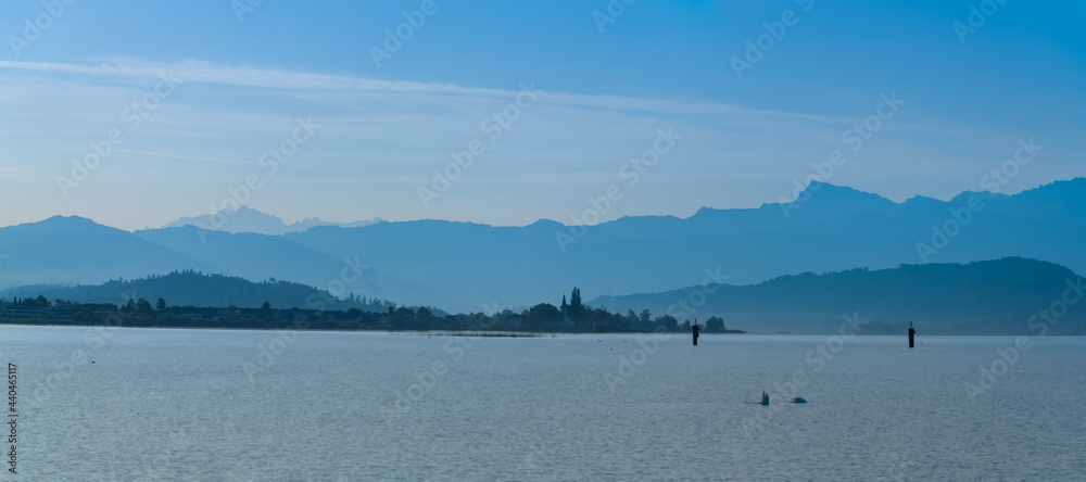 Early morning view of the Upper Zurich Lake (Obersee), Hurden, Sxhwyz, Switzerland