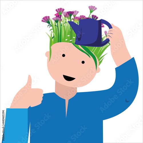 Man waters the grass and flowers growing on his head on a white background

