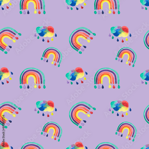 Watercolor baby seamless pattern. Summer Colorful rainbow background pattern. Abstract background in warm pastel colors of color arcs Watercolor seamless pattern with rainbows.