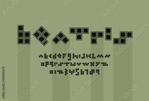 Retro black font, trendy game alphabet, bold Latin letters and Arab numbers made in mosaic old style, vector illustration 10eps