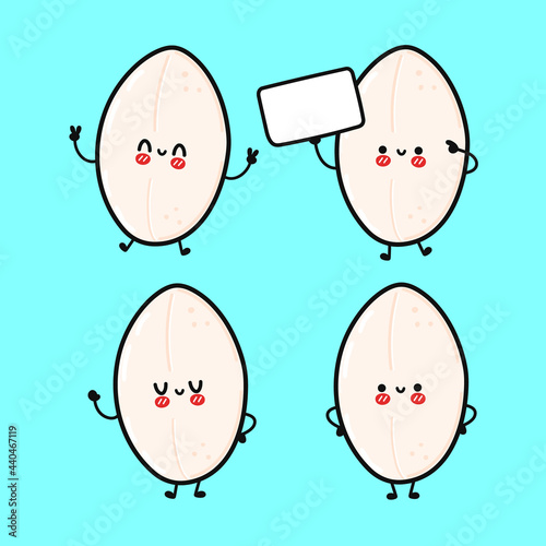 Funny cute happy rice characters bundle set. Vector kawaii line cartoon style illustration. Cute rice mascot character collection