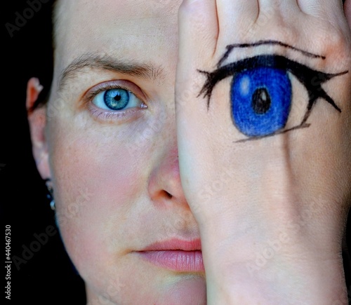 Portrait of a woman with blue eyes. Anime eye drawn on the palm. A face covered by a hand. 