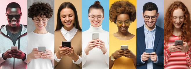 Phone people set. Group of smiling diverse men and women texting or browsing with smartphones, isolated on colorful backgrounds