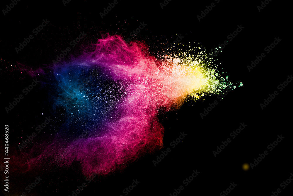 Fototapeta Abstract multicolored powder explosion on black background.