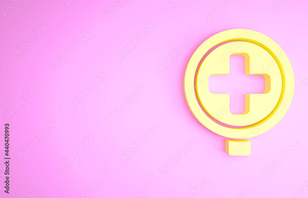 Yellow Hospital road traffic icon isolated on pink background. Traffic rules and safe driving. Minimalism concept. 3d illustration 3D render Yellow Hospital road traffic icon isolated on pink background. Traffic rules and safe driving. Minimalism concept. 3d illustration 3D render