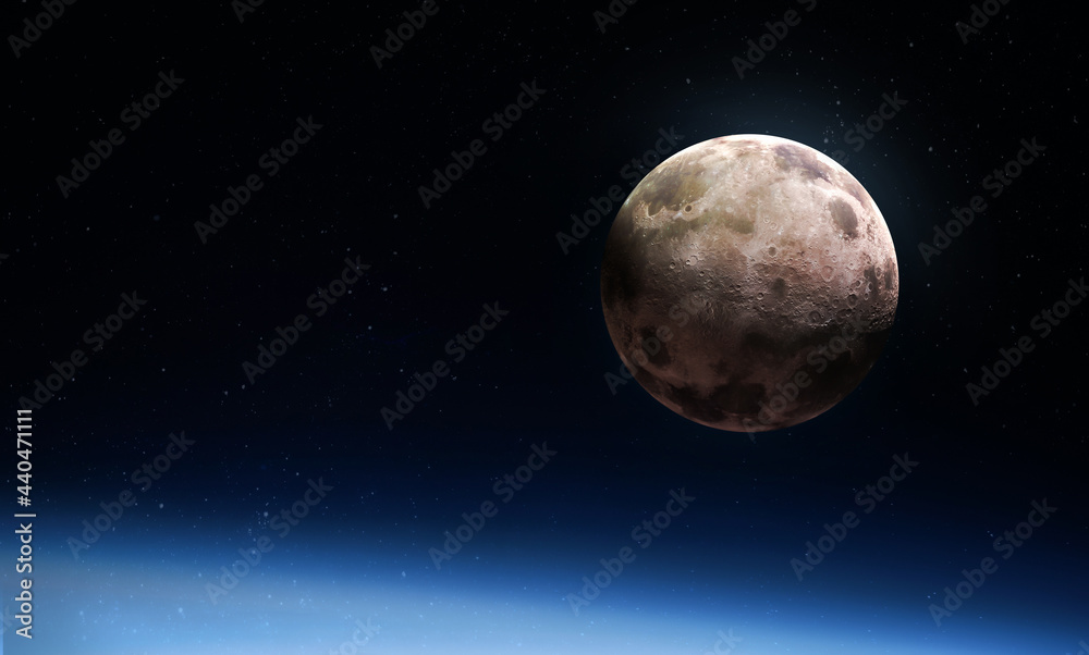 Moon near Earth planet. Stratosphere. Super Moon in the black sky. View from space. Elements of this image furnished by NASA
