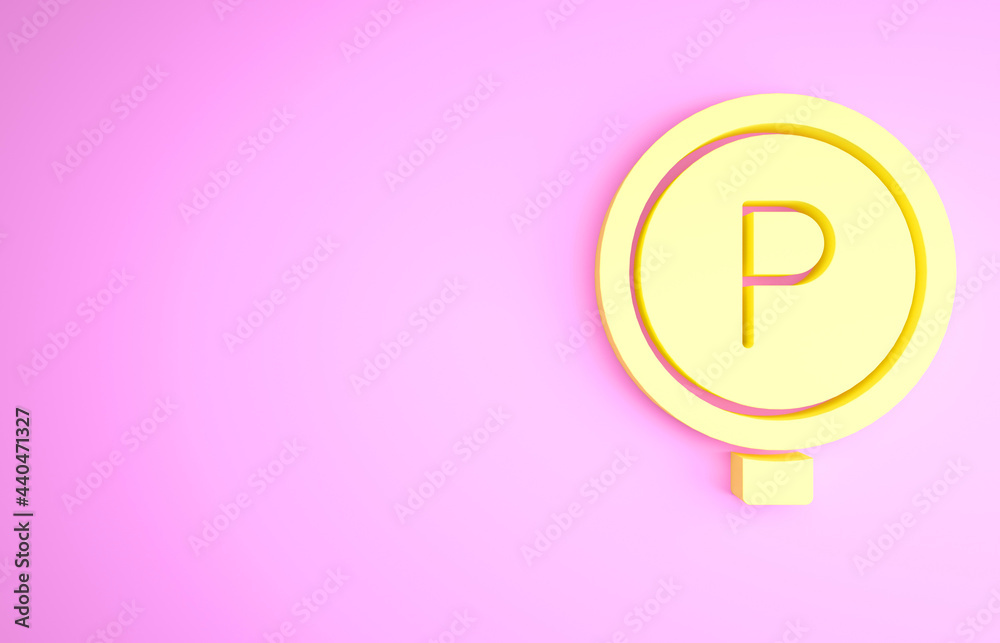 Yellow Parking icon isolated on pink background. Street road sign. Minimalism concept. 3d illustration 3D render Yellow Parking icon isolated on pink background. Street road sign. Minimalism concept. 3d illustration 3D render
