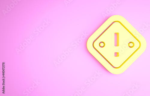 Fototapeta Naklejka Na Ścianę i Meble -  Yellow Exclamation mark in triangle icon isolated on pink background. Hazard warning sign, careful, attention, danger warning important sign. Minimalism concept. 3d illustration 3D render